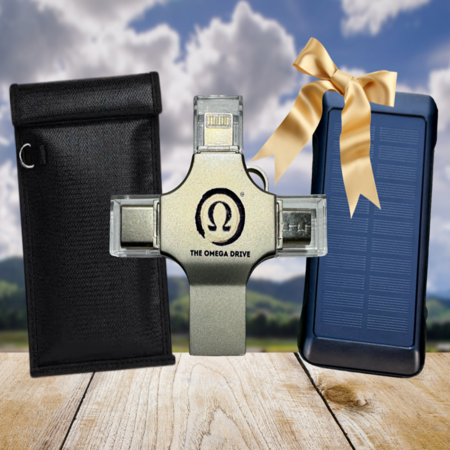 Omega drive with packaging and solar panel on a wooden surface with a scenic background