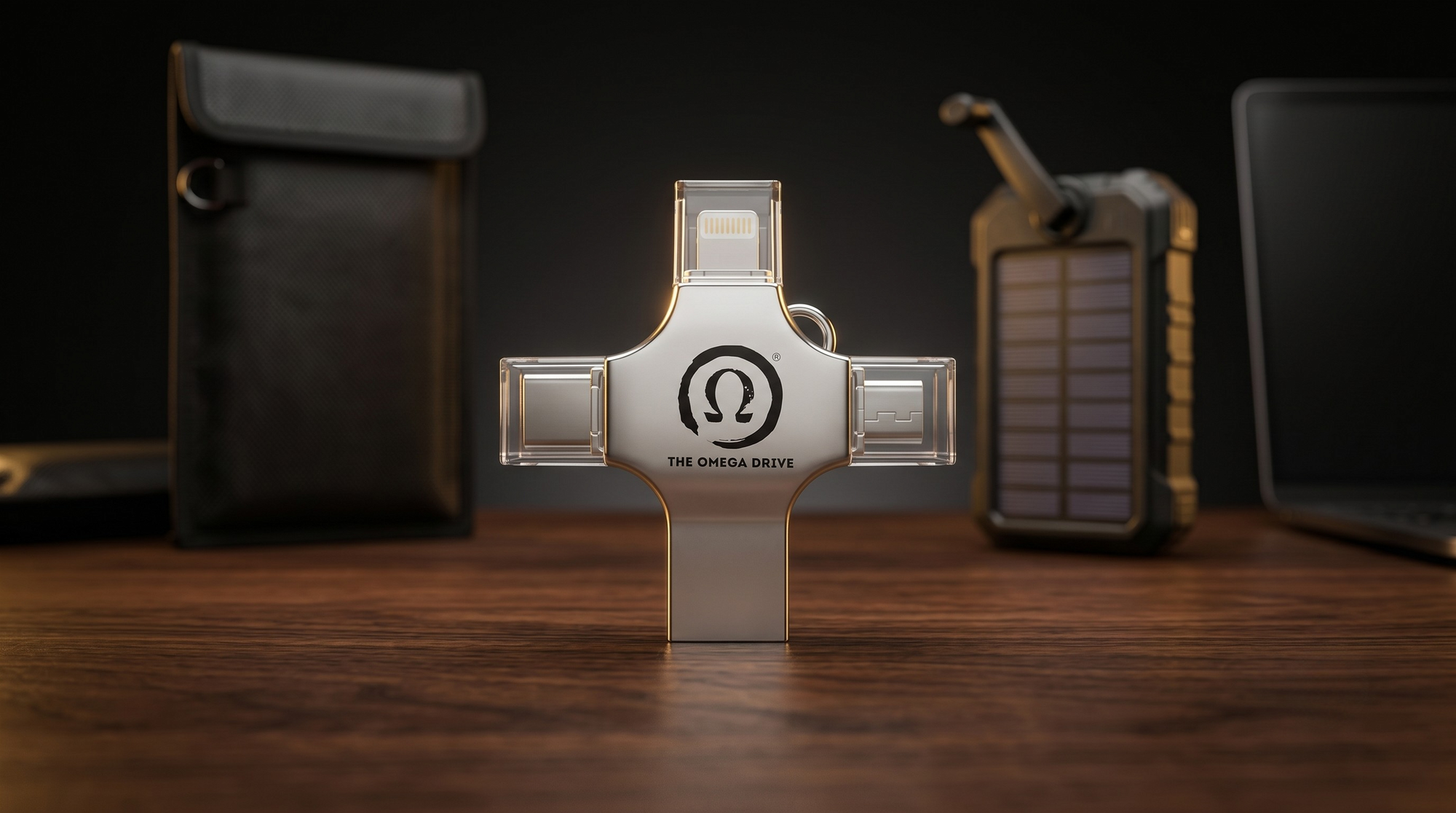 The Omega Drive standing upright with the Faraday bag and solar power bank