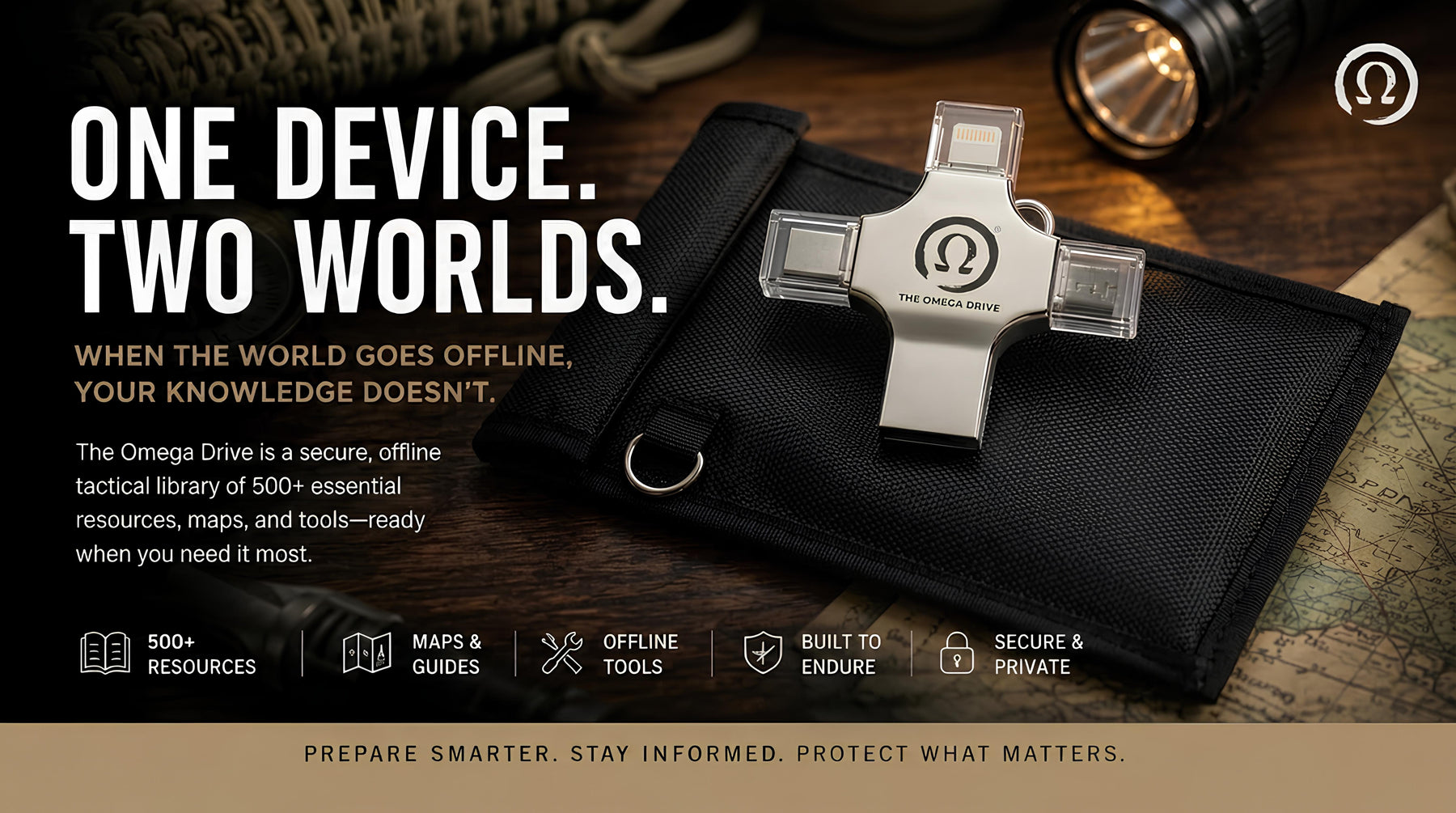 One Device. Two Worlds. The Omega Drive — a secure offline library of 500+ resources, maps and tools